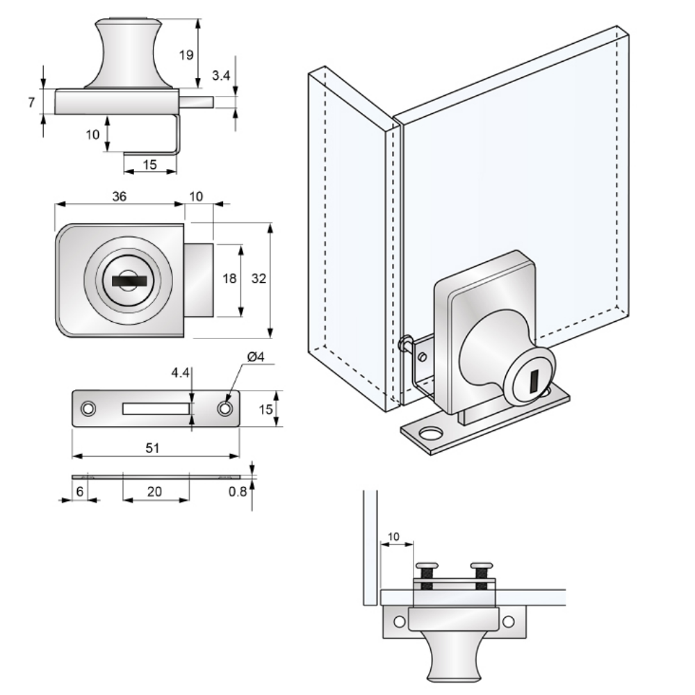 Zámek pro jednoduché skleněné dveře