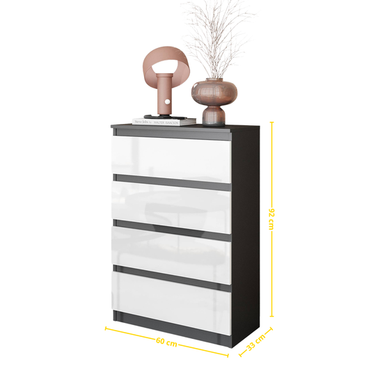 GABRIEL - Komoda se 4 šuplíky - Skříň na oblečení do ložnice - Antracit / Bílý lesk - H92cm Š60cm D33cm (2)