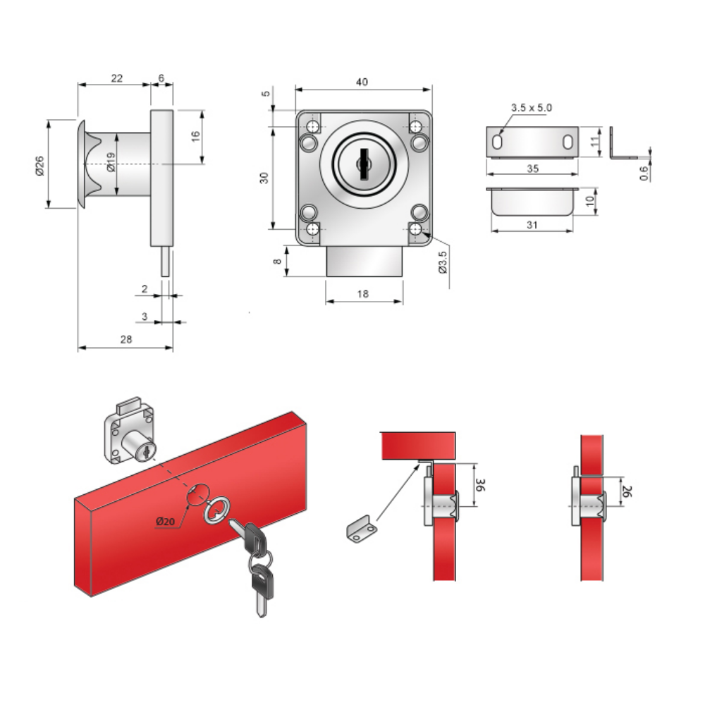 Čtvercový nábytek zámek 19x22mm, nikl