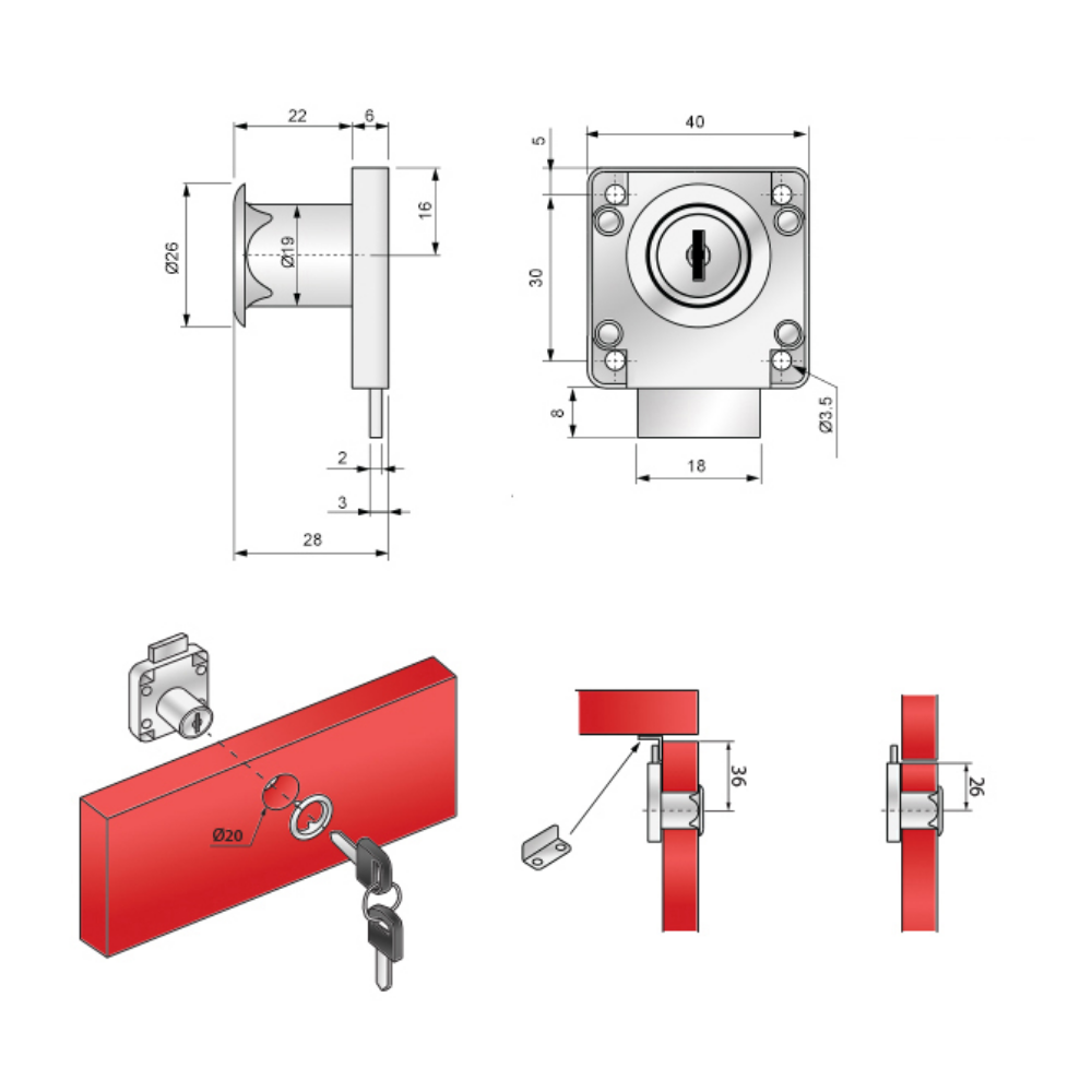 Čtvercový nábytek zámek 19x22mm, nikl