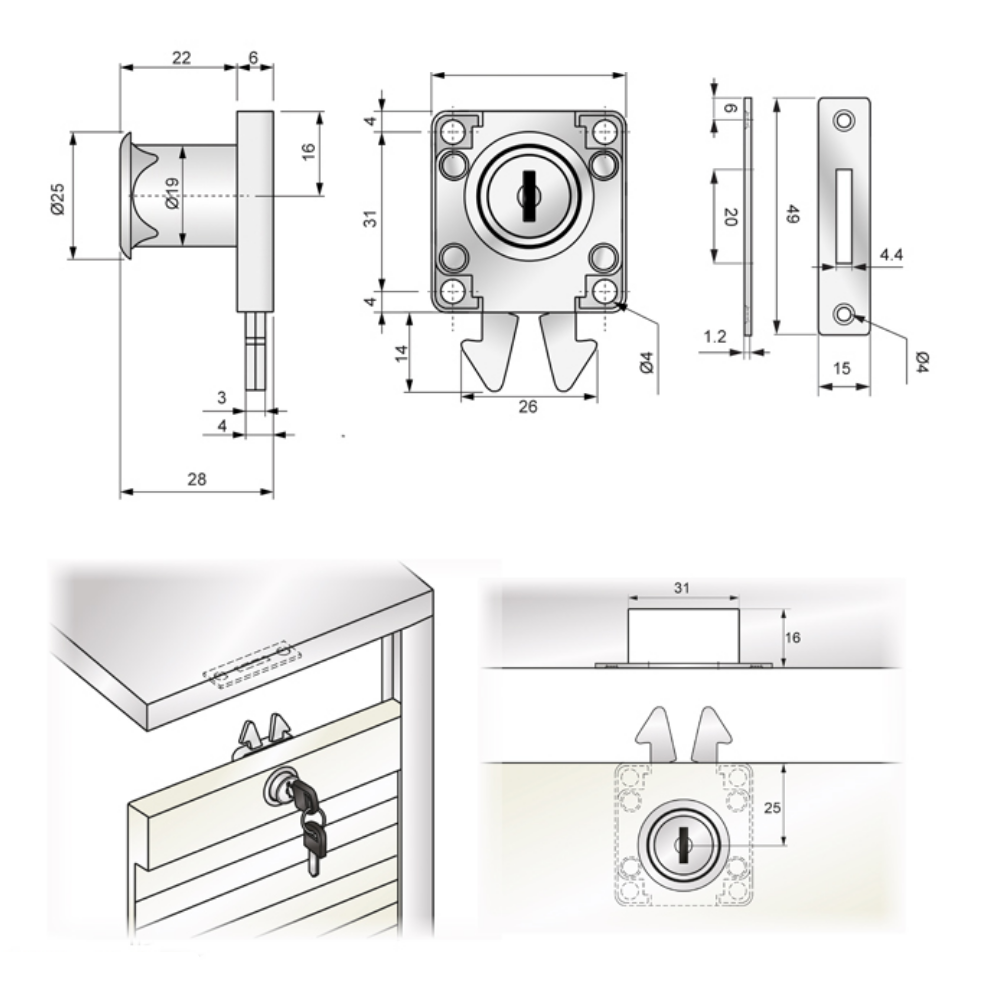 Čtvercový zámek, žaluziový okení stínítko 19x22mm, chromované.