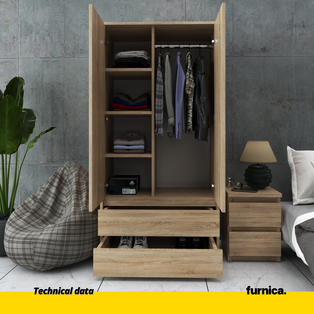 JOELLE - Skříň se 2 dveřmi a 2 zásuvkami - Sonoma dub - Výška 180 cm, šířka 90 cm, hloubka 50 cm