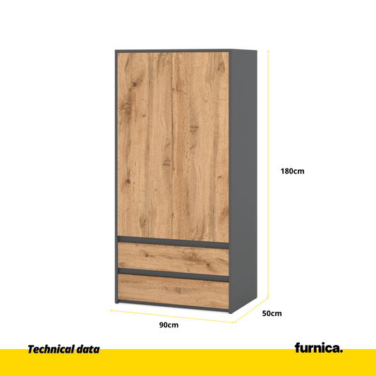 JOELLE - Skříň se 2 dveřmi a 2 zásuvkami - Antracit / Wotan dub H180cm W90cm D50cm (2) – Furnica