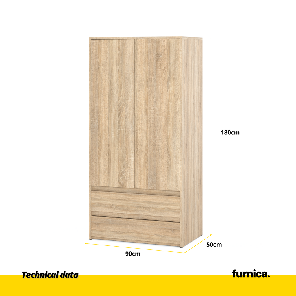 JOELLE - Skříň se 2 dveřmi a 2 zásuvkami - Sonoma dub - Výška 180 cm, šířka 90 cm, hloubka 50 cm