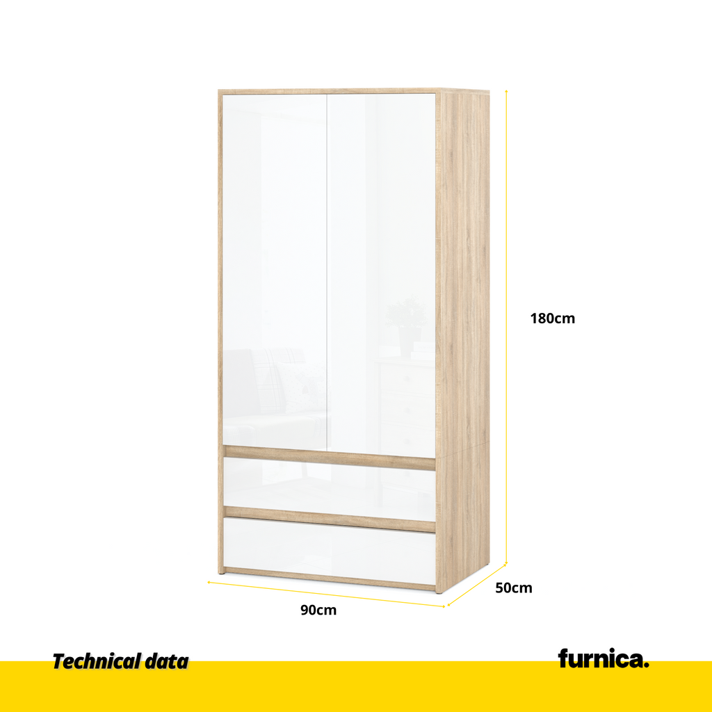 JOELLE - Skříň se 2 dveřmi a 2 zásuvkami - Sonoma dub / bílý lesk H180cm Š90cm H50cm