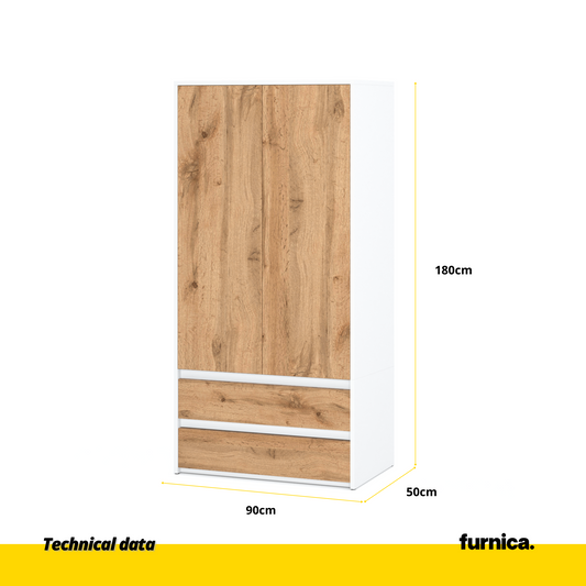 JOELLE - Skříň se 2 dveřmi a 2 zásuvkami - bílý mat / Wotan dub H180cm W90cm D50cm (2) – Furnica