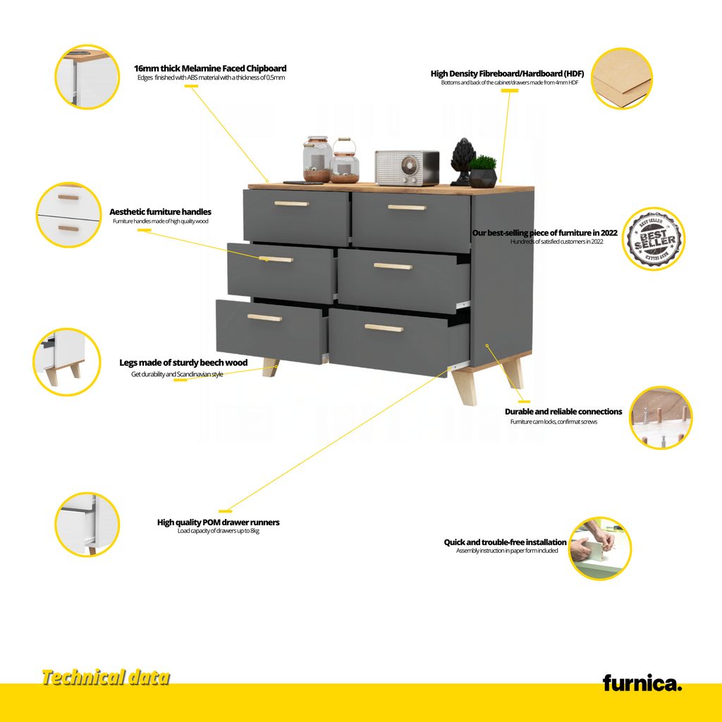 INGRID - Skandinávská komoda se 6 šuplíky - antracitově šedá / Wotan dub H75cm W100cm D45cm
