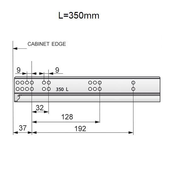 Tlačítkem otevíratelné skryté výsuvné lišty pro zásuvky, plný výsuv - 350 mm.