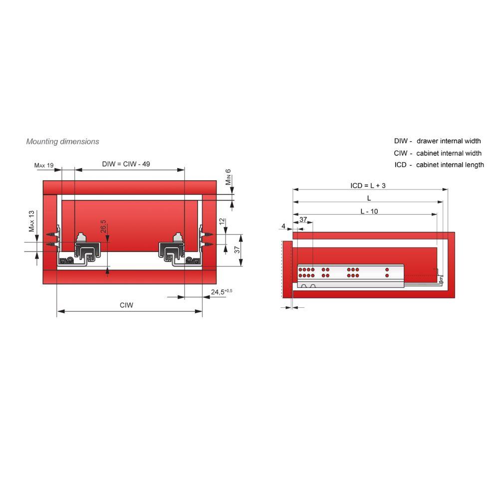 Push-to-Open skryté podložné výsuvy zásuvky, plné vysunutí - 400 mm