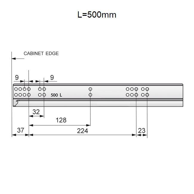 Tlačítkem otevíratelné skryté výsuvné lišty pro zásuvky, plný výsuv - 500 mm.