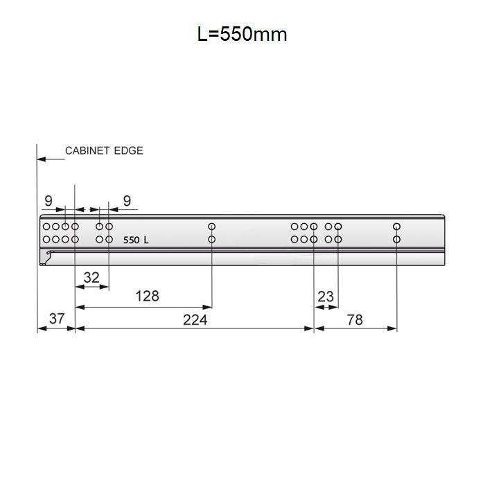 Tlačítkem otevíratelné skryté výsuvné lišty pro zásuvky, plný výsuv - 550 mm.