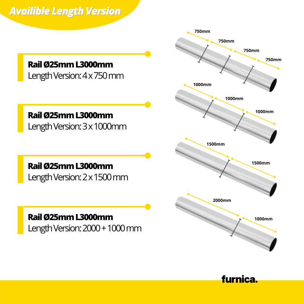 Šatní tyč s průměrem 16 mm a délkou 3000 mm, chromovaná.