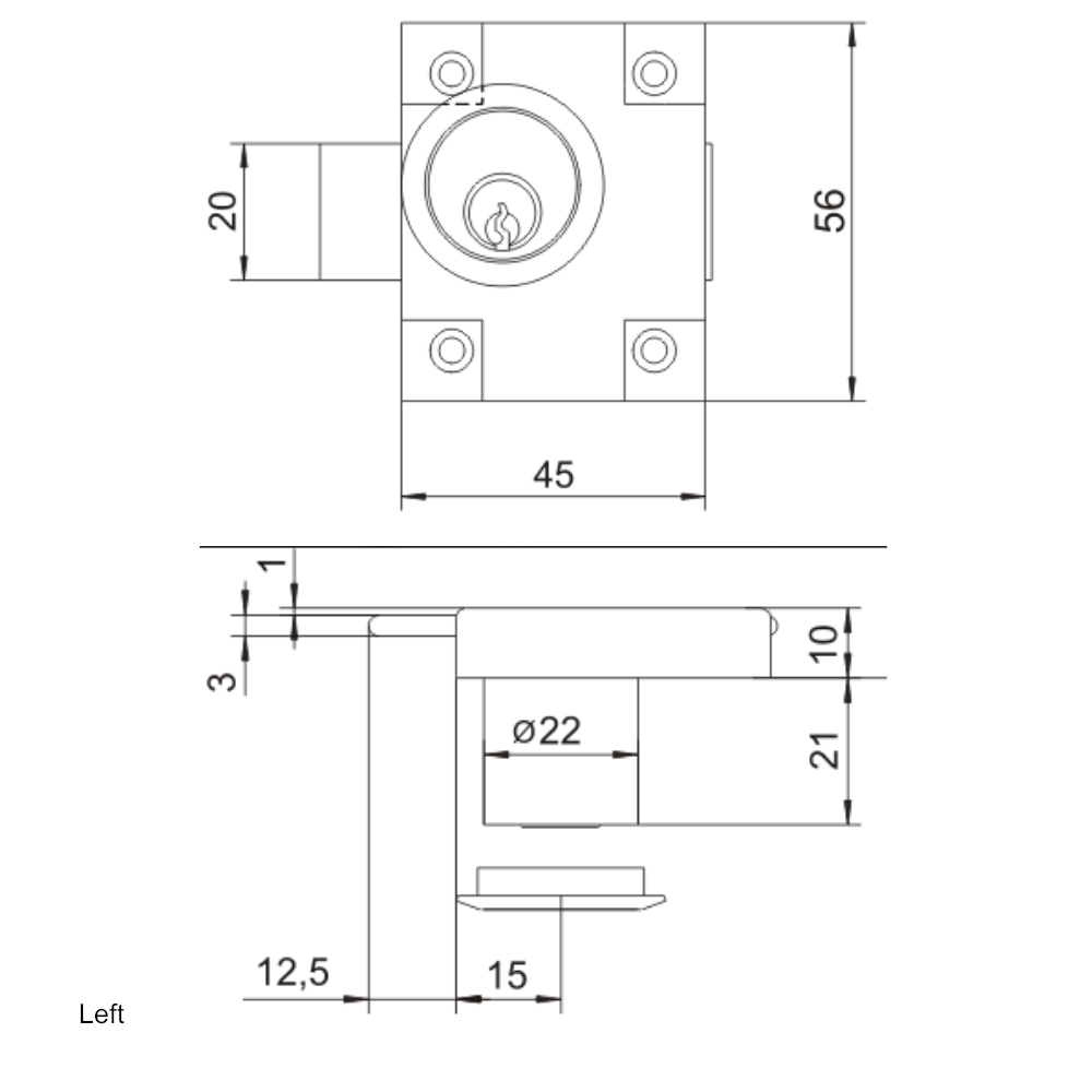 Zámek nábytku vlevo/vpravo 22x21mm