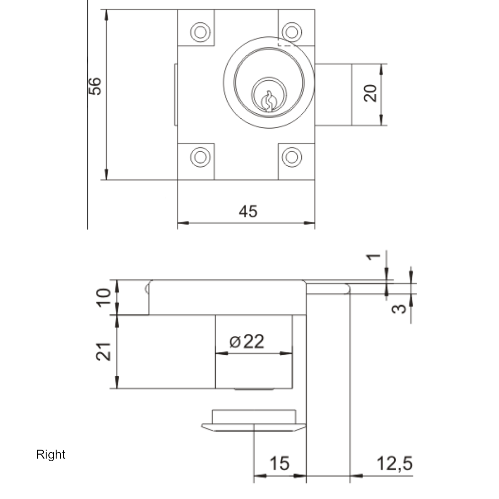 Zámek nábytku vlevo/vpravo 22x21mm