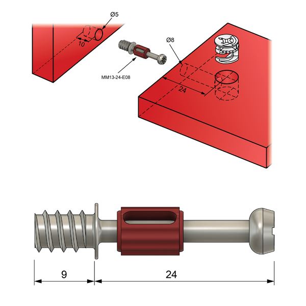 Cam dowel 24mm s evropským šroubovým závitem - 100 ks