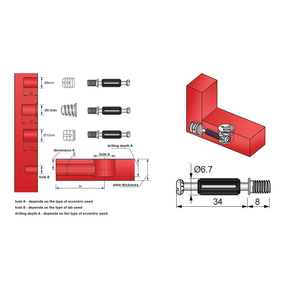 Cam Dowel 34mm s M6 závitem - 1000 ks