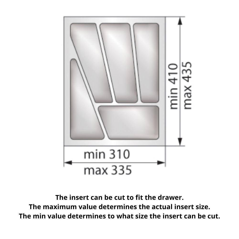 Přihrádka na příbory do zásuvky, šířka skříně: 400 mm, hloubka: 430 mm, bílá barva.