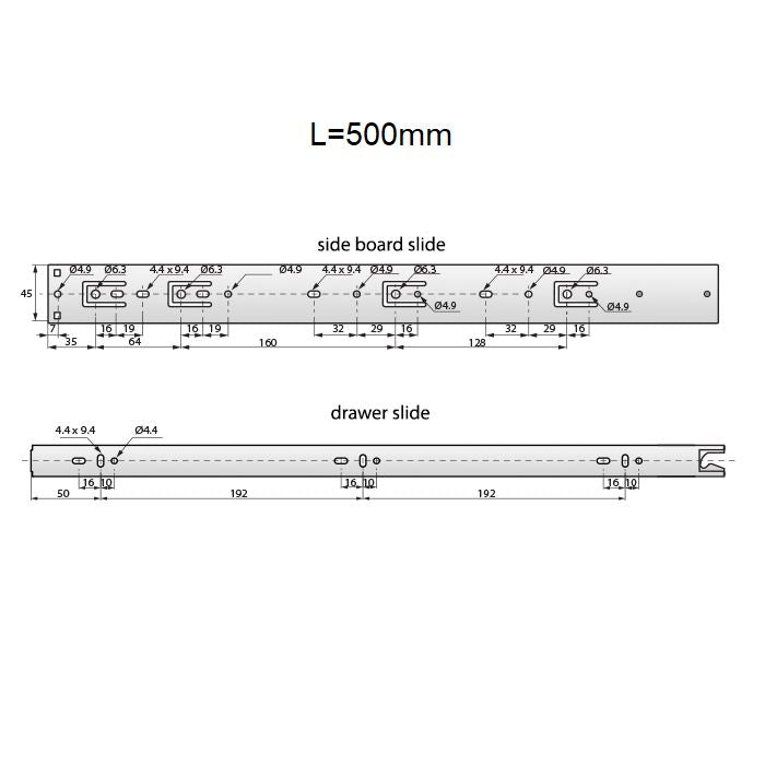 Výsuvné lišty s automatickým zamykáním 500 mm - H45 (pravá a levá strana)