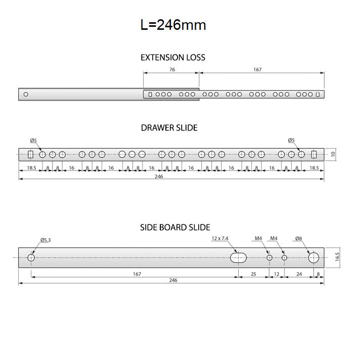Výsuvné lišty s kuličkovými ložisky 246 mm - H17 (pravá a levá strana)