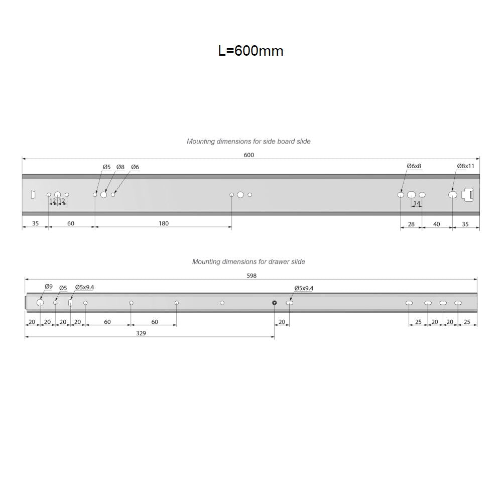 Výsuvné lišty s kuličkovými ložisky 600 mm - H53 (pravá a levá strana)