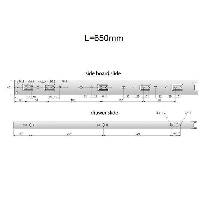 Výsuvné lišty s kuličkovými ložisky 650 mm - H45 (pravá a levá strana)