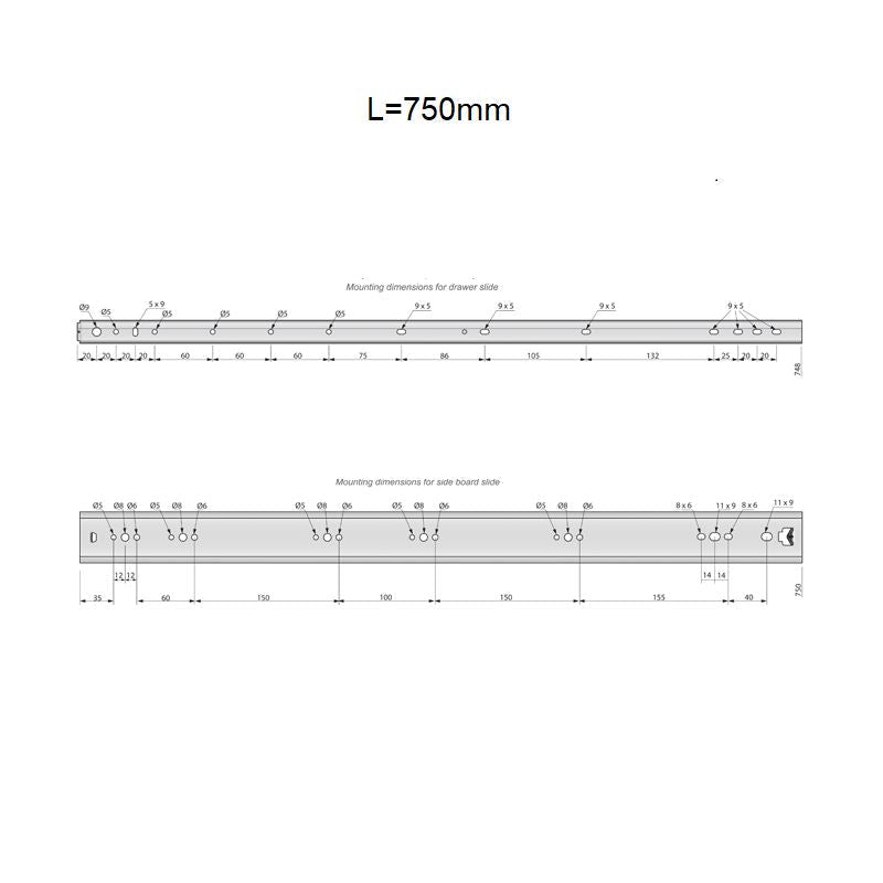 Výsuvné lišty s kuličkovými ložisky 750 mm - H53 (pravá a levá strana)