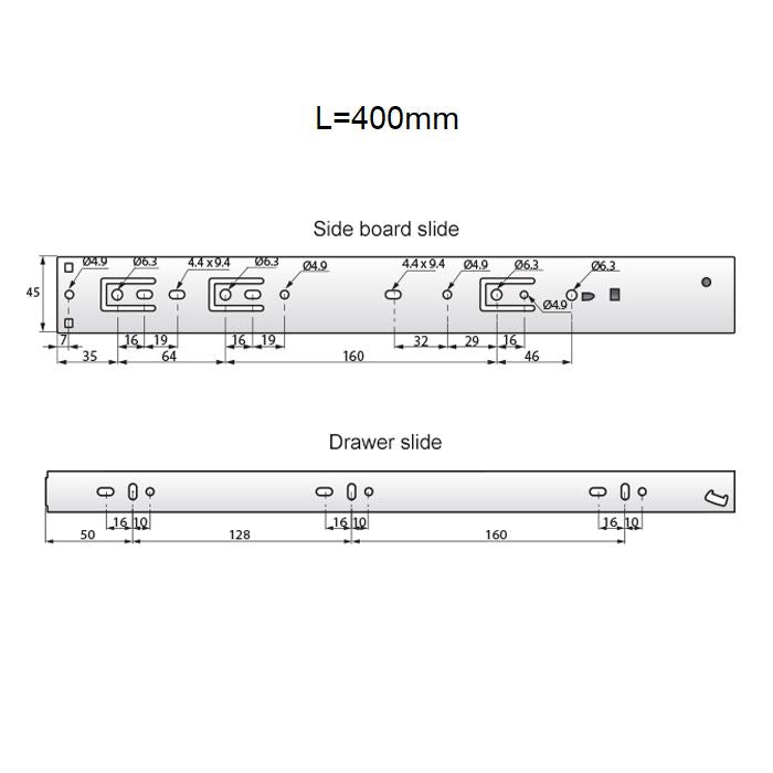 Výsuvy zásuvek s tlumeným zavíráním 400 mm - H45 (pravá a levá strana)