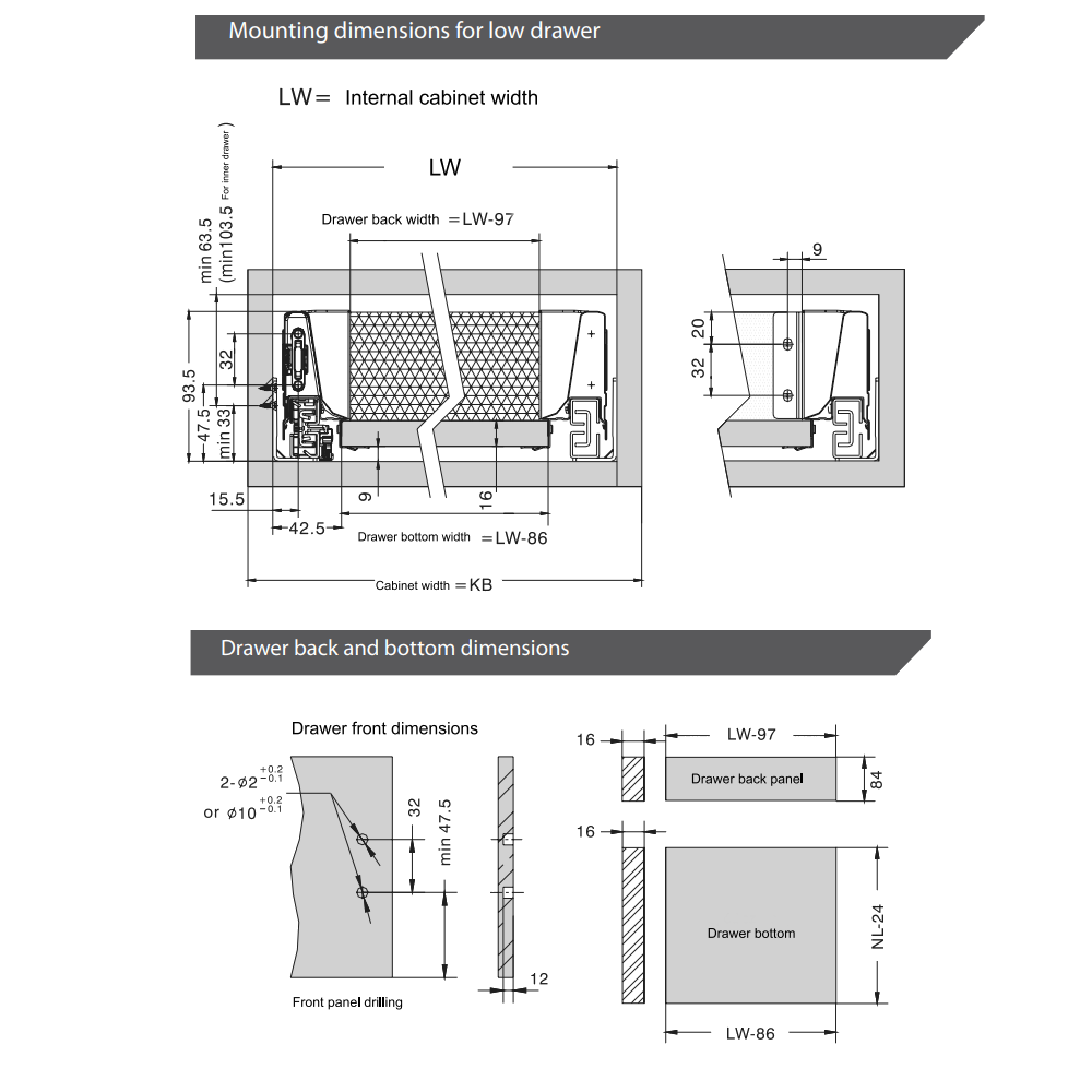 Systém zavírání zásuvky s tlumením, NÍZKÝ, V: 68 mm, Stříbrný 550 mm