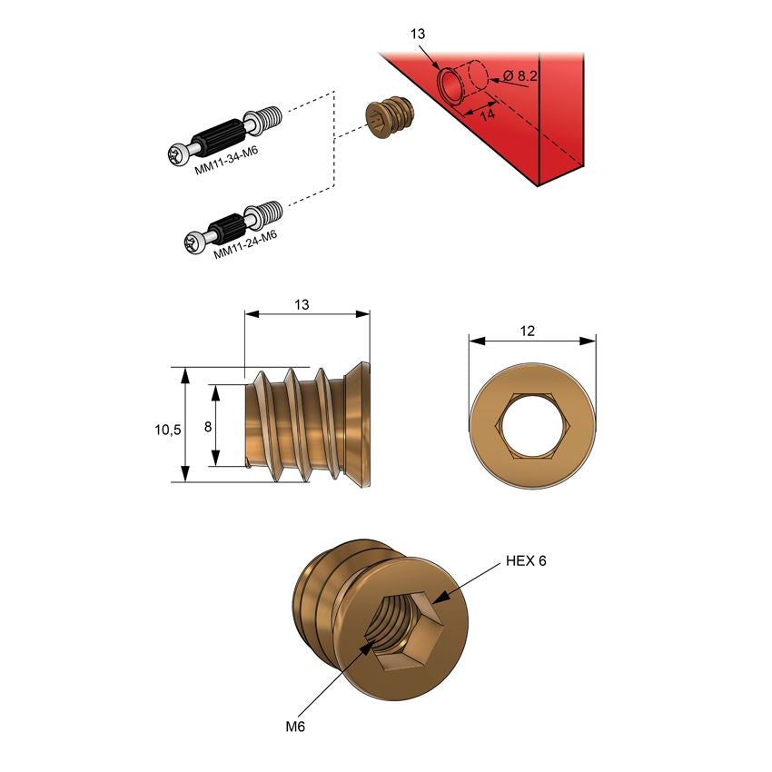 M6 závitový vložka 10x13mm - 100 ks
