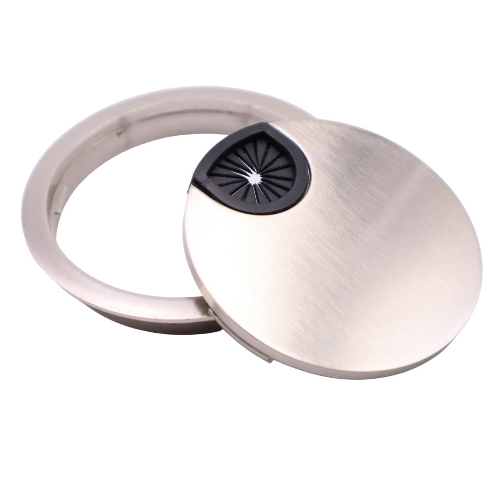 Kovový kabelový gromet s gumovým otvorem - kartáčovaná ocel Ø80mm