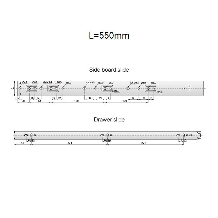 Sada výsuvných kuličkových vodicích lišt s otevíráním stisknutím (levá a pravá), H45