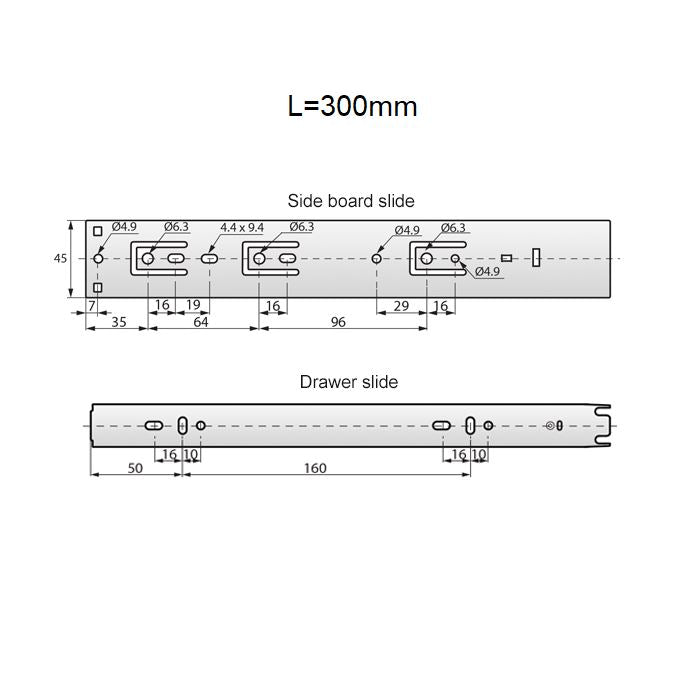 Sada výsuvných kuličkových vodicích lišt s otevíráním stisknutím (levá a pravá), H45
