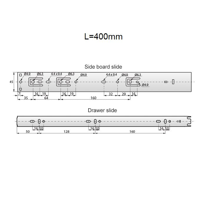 Sada výsuvných kuličkových vodicích lišt s otevíráním stisknutím (levá a pravá), H45