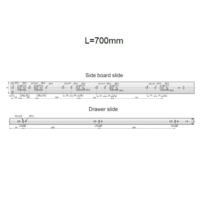 Sada výsuvných kuličkových vodicích lišt s otevíráním stisknutím (levá a pravá), H45