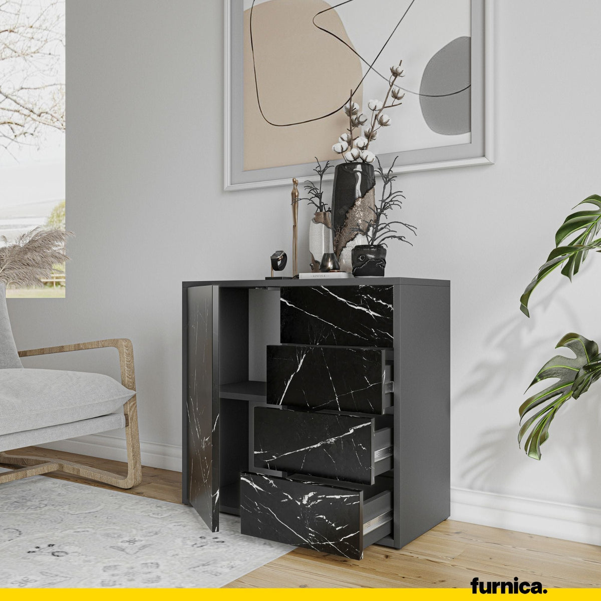 CAMILLE - Skříň s dvířky a 4 zásuvkami s funkcí push to open - antracit / černý mramor H74cm Š80cm D36cm (5) – Furnica