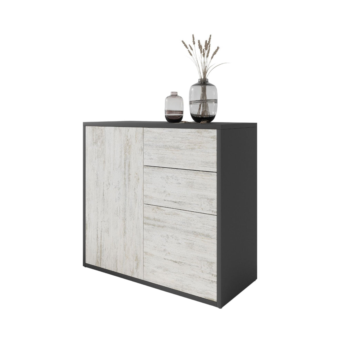 CAMILLE - Skříň s dvěma dveřmi a dvěma šuplíky s funkcí push to open - antracit / bílá borovice H74cm W80cm D36cm – Furnica