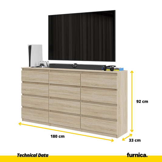 GABRIEL - Komoda se 12 šuplíky (8+4) - Skříň na oblečení do ložnice - Sonoma dub - Výška 92 cm, šířka 180 cm, hloubka 33 cm.