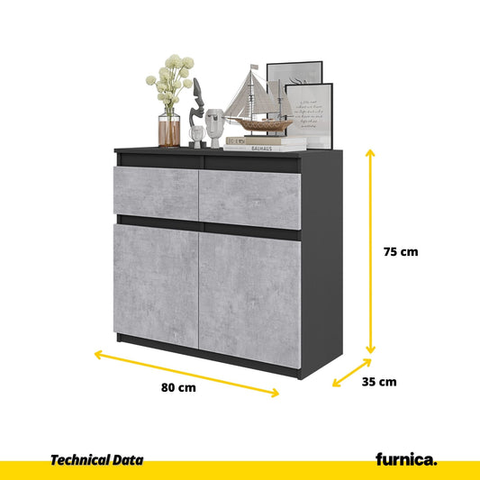 NOAH - Komoda se 2 šuplíky a 2 dveřmi - Skříň na uložení oblečení do ložnice - Anthracit / Beton - Výška 75 cm, šířka 80 cm, hloubka 35 cm.