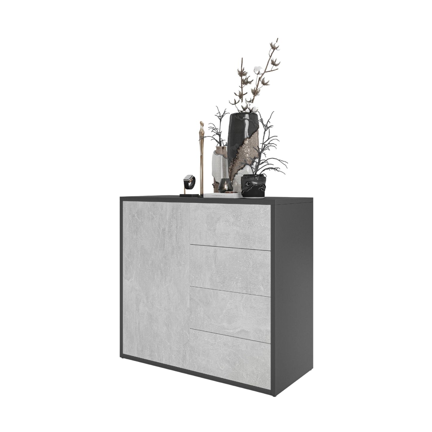 CAMILLE - Skříň s dvířky a 4 zásuvkami s funkcí push to open - antracit / betonová barva H74cm W80cm D36cm – Furnica