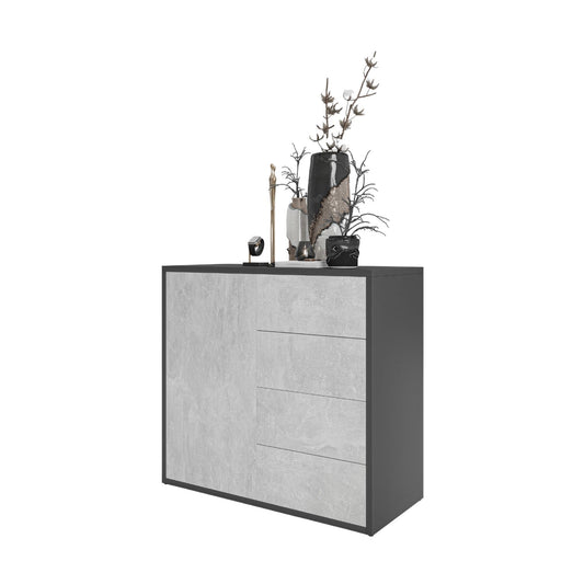 CAMILLE - Skříň s dvířky a 4 zásuvkami s funkcí push to open - antracit / betonová barva H74cm W80cm D36cm