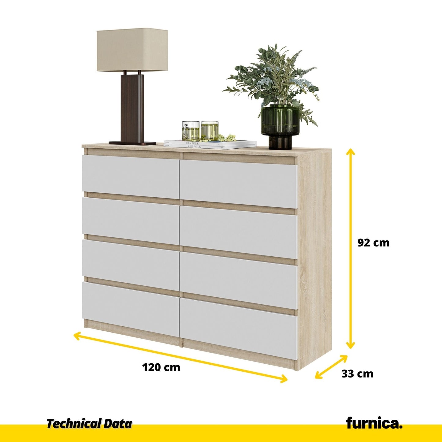 GABRIEL - Komoda se 8 šuplíky - Skříň na oblečení do ložnice - Sonoma dub / bílá H92cm Š120cm D33cm