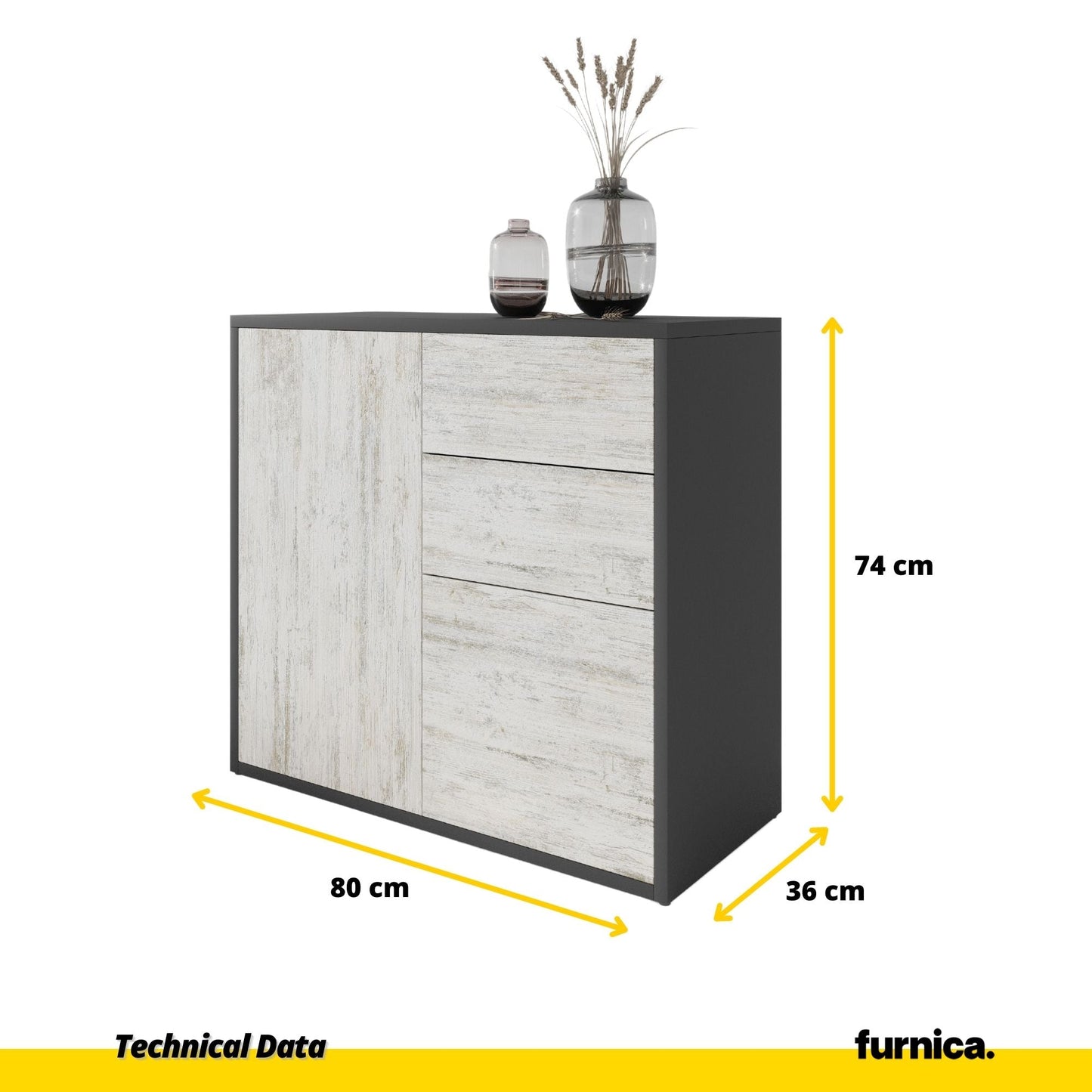 CAMILLE - Skříň s dvěma dveřmi a dvěma šuplíky s funkcí push to open - antracit / bílá borovice H74cm W80cm D36cm (2)