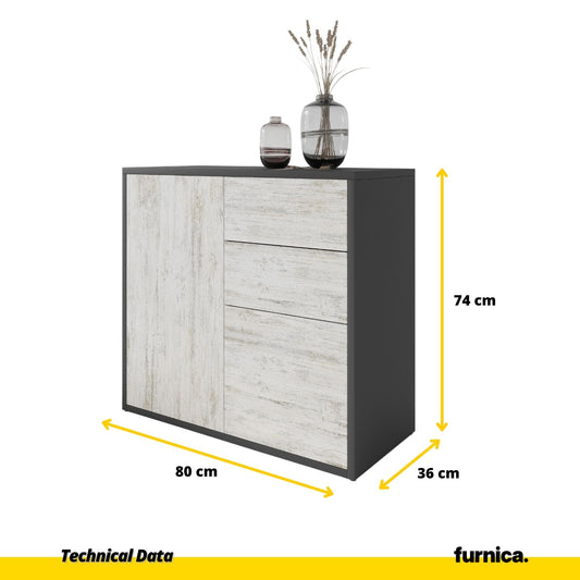 CAMILLE - Skříň s dvěma dveřmi a dvěma šuplíky s funkcí push to open - antracit / bílá borovice H74cm W80cm D36cm