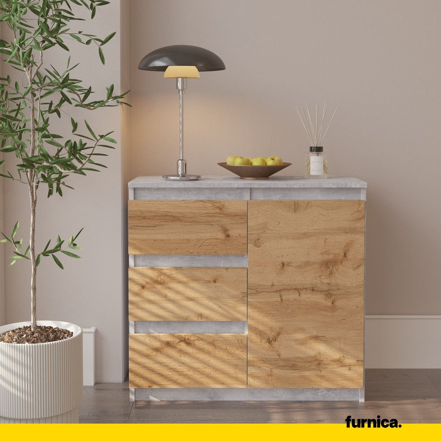 MIKEL - Komoda se 3 šuplíky a 1 dveřmi - Skříň na oblečení do ložnice - Beton / Wotan dub H75cm Š80cm D35cm
