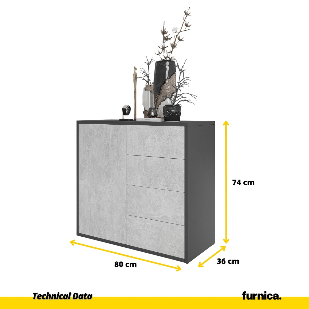 CAMILLE - Skříň s dvířky a 4 zásuvkami s funkcí push to open - antracit / betonová barva H74cm W80cm D36cm (2) – Furnica