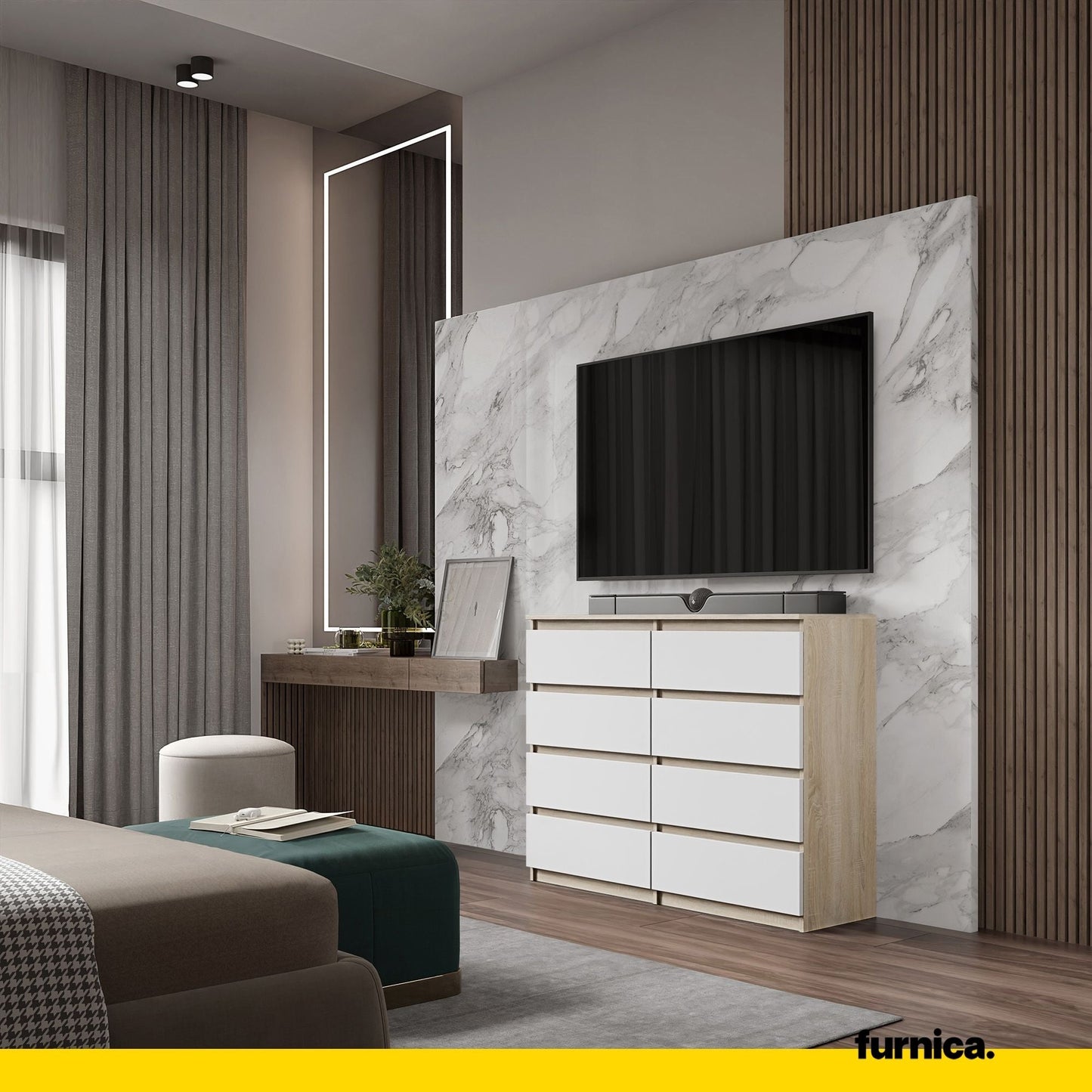GABRIEL - Komoda se 8 šuplíky - Skříň na oblečení do ložnice - Sonoma dub / bílá H92cm Š120cm D33cm