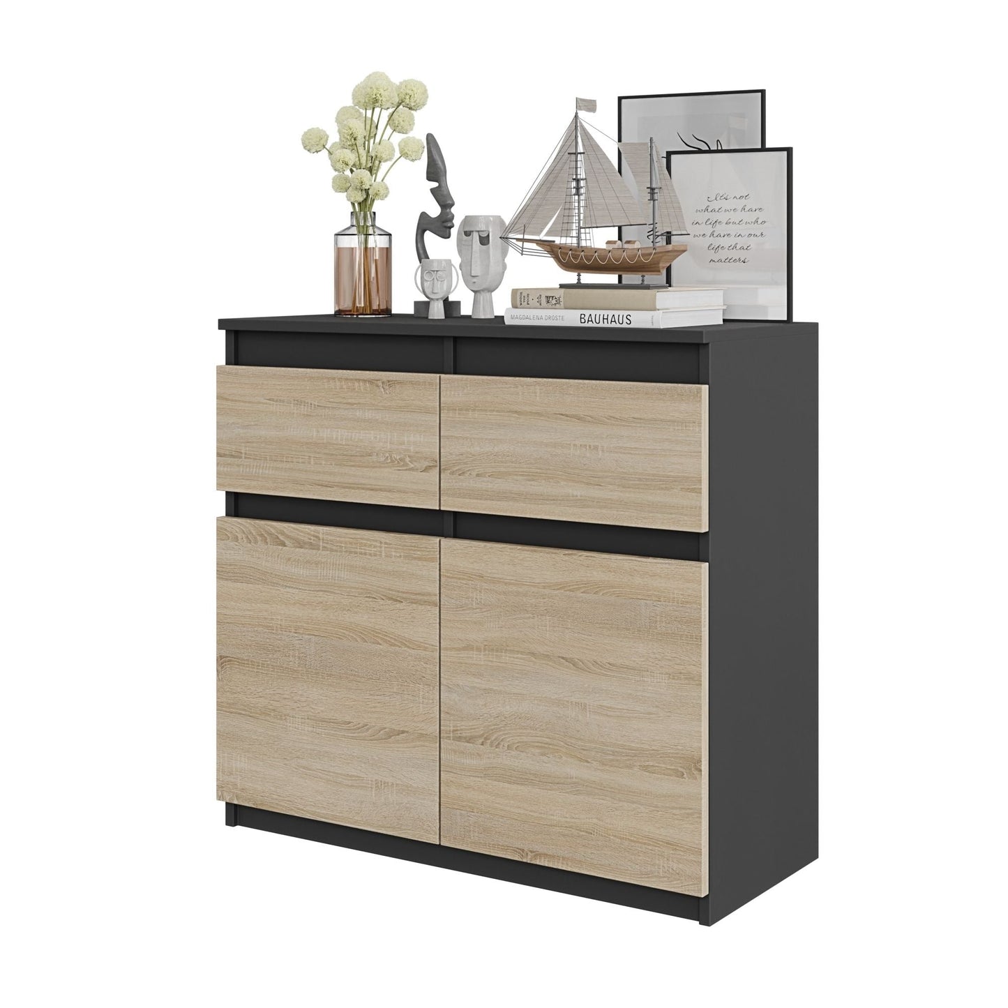 NOAH - Komoda se 2 šuplíky a 2 dveřmi - Skříň na uložení oblečení do ložnice - Anthracit / Sonoma dub - Výška 75 cm, šířka 80 cm, hloubka 35 cm.