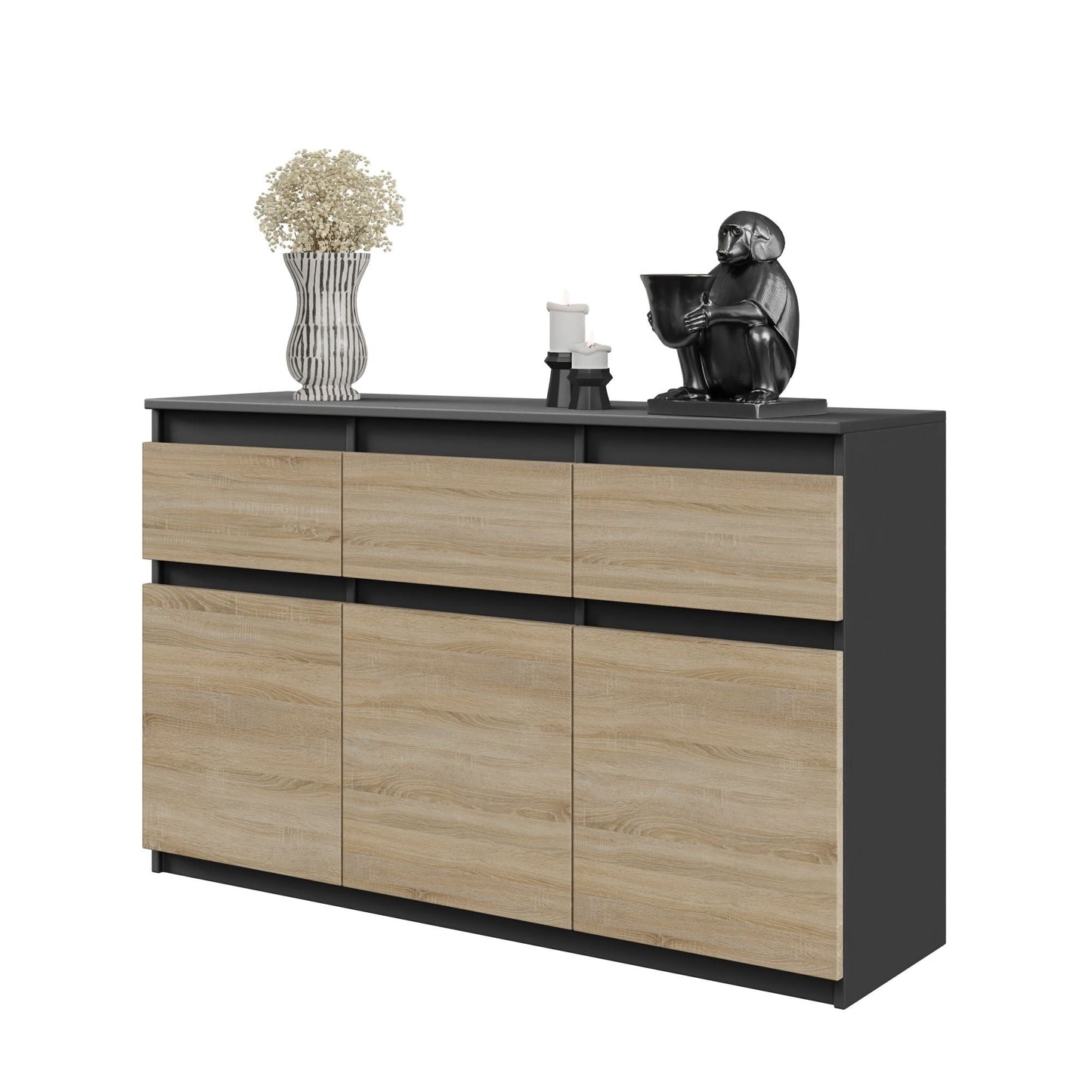 NOAH - Komoda se 3 šuplíky a 3 dveřmi - Skříň na uložení oblečení do ložnice - Anthracit / Sonoma dub - Výška 75 cm, šířka 120 cm, hloubka 35 cm.