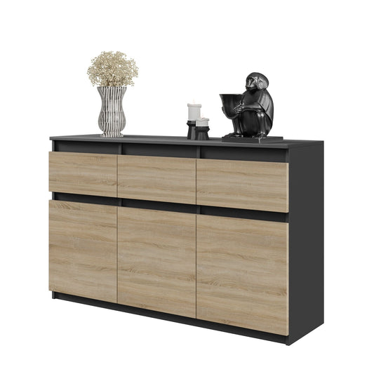 NOAH - Komoda se 3 šuplíky a 3 dveřmi - Skříň na uložení oblečení do ložnice - Anthracit / Sonoma dub - Výška 75 cm, šířka 120 cm, hloubka 35 cm.