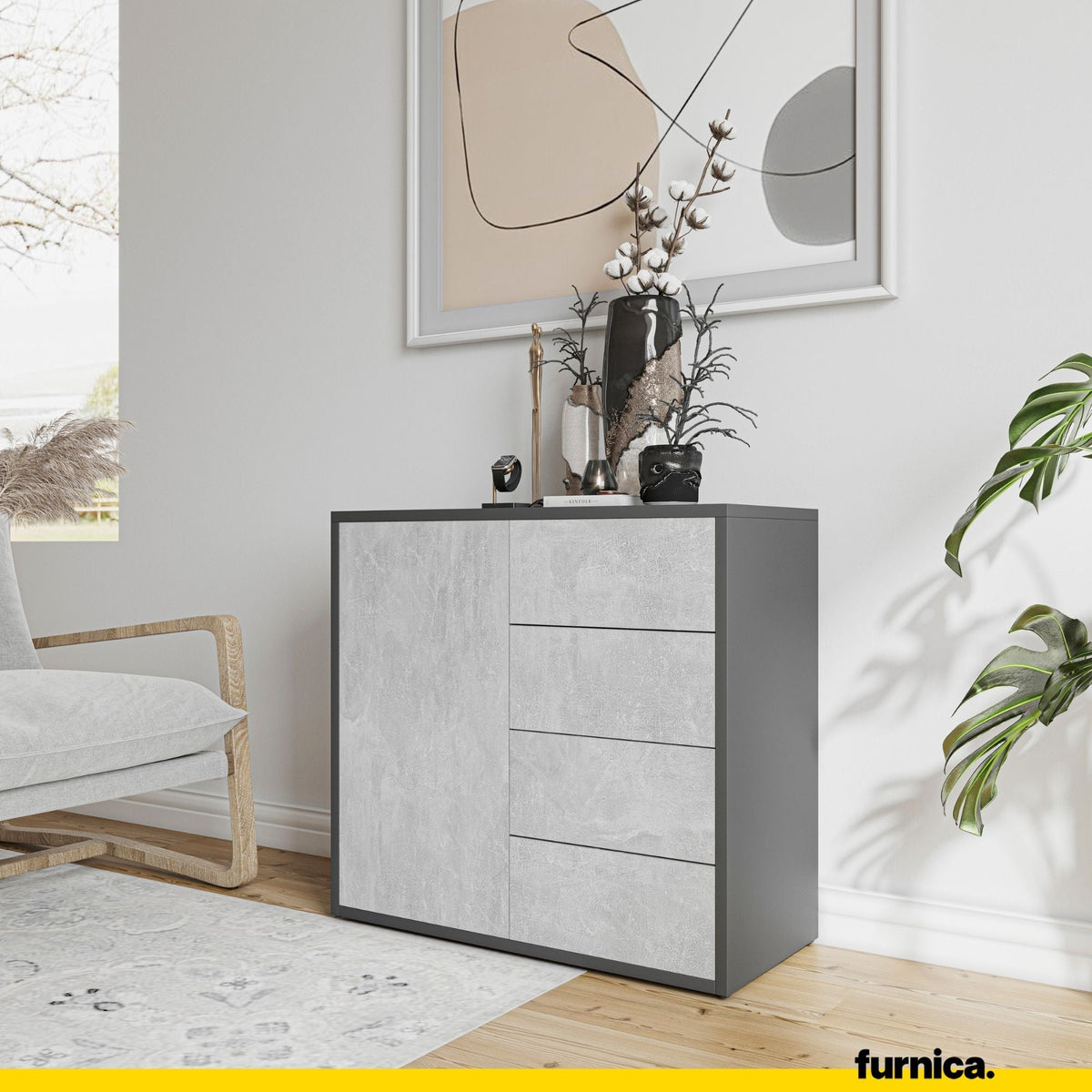 CAMILLE - Skříň s dvířky a 4 zásuvkami s funkcí push to open - antracit / betonová barva H74cm W80cm D36cm (4) – Furnica